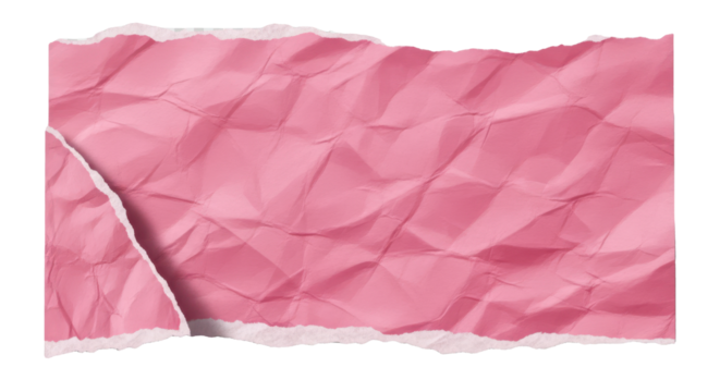 Torn pink paper with wrinkles and a triangular ripped corner, rough edges, realistic texture, paper fibers visible, soft light shadow, top-down view, transparent background