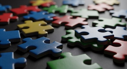 Scattered colorful jigsaw puzzle pieces on a dark surface, close-up