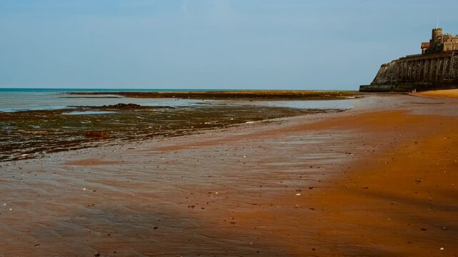 Kingsgate Bay beach and castle, Broadstairs, Kent, England, UK, with chalk cliffs, sandy cove and clifftop views
