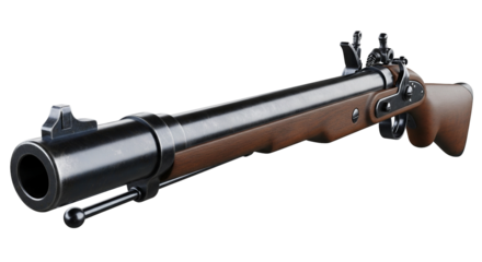 Cinematic portrayal of an early century arquebus with detailed blued steel barrel and wooden stock