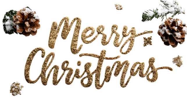 Elegant Merry Christmas design with golden calligraphy text, snowflakes, and festive decorations isolated on white background