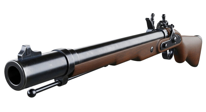 Cinematic portrayal of an early century arquebus with detailed blued steel barrel and wooden stock