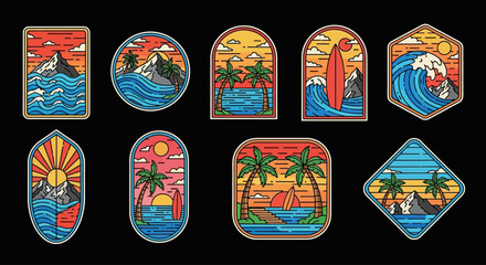 Collection of vintage surfing adventure patches and emblems. Vector set of tropical beach and ocean wave logos for summer travel