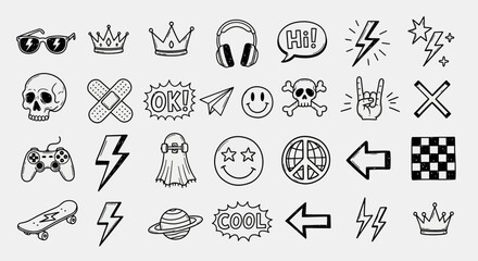 Hand-drawn doodle icon set with trendy youth culture symbols. A collection of sketchy graffiti elements like skulls, crowns, and peace signs