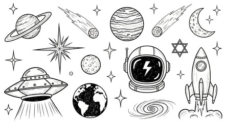 Vector doodle collection of outer space elements, featuring hand-drawn galaxy icons, planets, astronauts, rockets, and stars in a monochrome sketch style © John