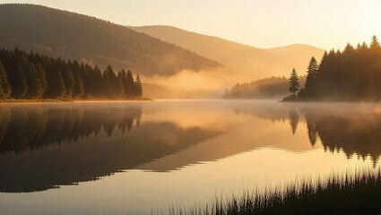 Serene Mountain Lake at Sunrise with Golden Mist and Forest Reflections.