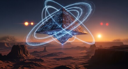 Monumental alien structure amidst a surreal landscape illuminated by celestial objects at sunset