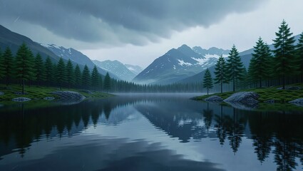 Serene mountain lake landscape with reflections under cloudy sky.