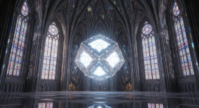 Monumental hall with stained glass windows and a luminous geometric cube suspended in air