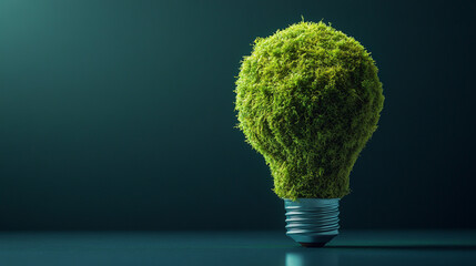 Moss-covered lightbulb representing sustainable innovation, eco-friendly ideas, green technology, and environmentally conscious solutions in a visually striking concept.