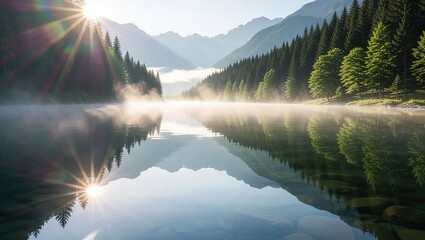 Serene Mountain Lake Reflection at Sunrise.