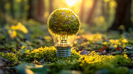 Moss-covered lightbulb representing sustainable innovation, eco-friendly ideas, green technology, and environmentally conscious solutions in a visually striking concept.