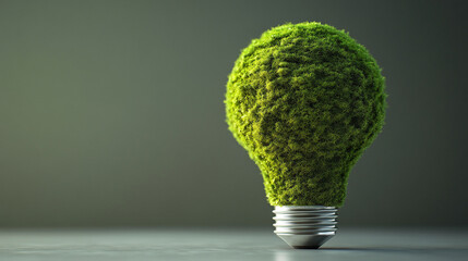 Moss-covered lightbulb representing sustainable innovation, eco-friendly ideas, green technology, and environmentally conscious solutions in a visually striking concept.
