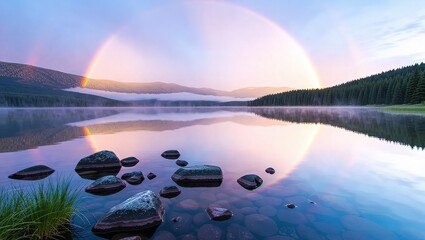 Serene Mountain Lake Sunrise with Fog and Rainbow Halo.