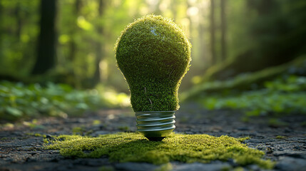 Moss-covered lightbulb representing sustainable innovation, eco-friendly ideas, green technology, and environmentally conscious solutions in a visually striking concept.