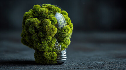 Moss-covered lightbulb representing sustainable innovation, eco-friendly ideas, green technology, and environmentally conscious solutions in a visually striking concept.