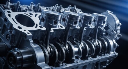 Fototapeta premium Detailed automotive engine showcasing pistons and crankshaft mechanism in polished metal design