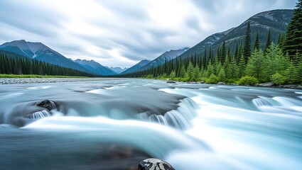 Serene Mountain River Landscape with Lush Forests and Cloudy Sky.
