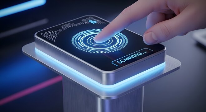 Finger scanning on a digital device with circular blue light and the word scanning displayed on screen