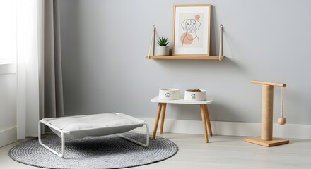 A pet corner featuring a bed, food bowls, scratching post and decor in a modern home setting