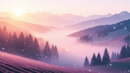 Serene Mountain Vista - A Pastel Dreamscape of Fog and Forest.