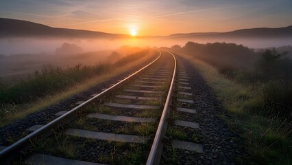 Fototapeta premium Railway Tracks at Sunrise A Journey Through Misty Landscapes