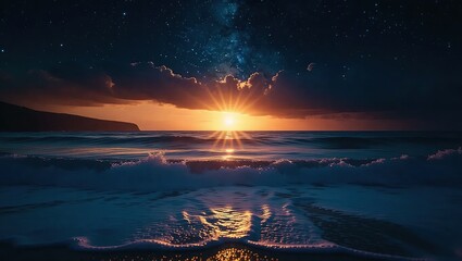Serene Ocean Sunset with Starry Sky Reflection.