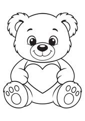 Cute bear coloring page.eps and print-ready. Charming bear holding a heart-shaped balloon, designed for fun and educational coloring for kids.