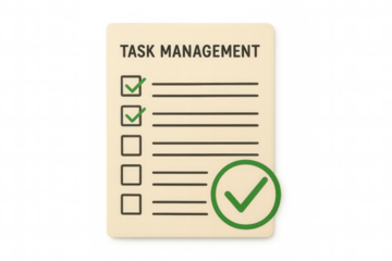 Task management checklist showing completed tasks and productivity goals on a document, transparent background