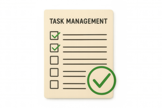 Task management checklist showing completed tasks and productivity goals on a document, transparent background