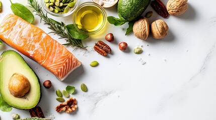 Flat lay of nutritious ingredients with salmon, avocado, walnuts and olive oil on marble white background, concept of healthy eating and omega 3