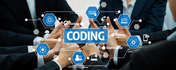 A visual representation of collaboration in coding, showcasing hands around a digital interface...