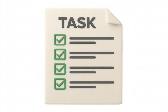 Task list document icon with checkboxes, showing completed items and pending tasks, transparent background