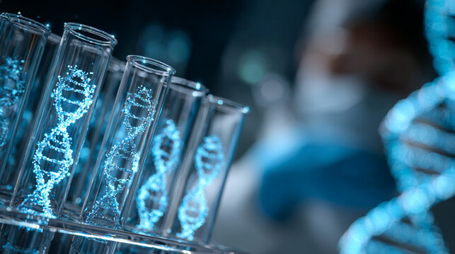 Genetic Engineering and Biotechnology: Scientist with DNA Helix in Test Tubes