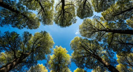 Obraz premium Stunning perspective looking up at lush green treetops against vibrant blue sky evokes peace and tranquility for travel, nature, and environmental themes.