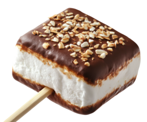 Toasted marshmallow square dipped in chocolate, nuts on stick