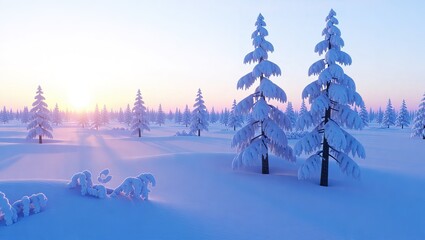 Serene Winter Wonderland with Snow-Covered Trees and Golden Sunrise.