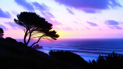 Silhouette of a Tree at Sunset Over the Ocean.