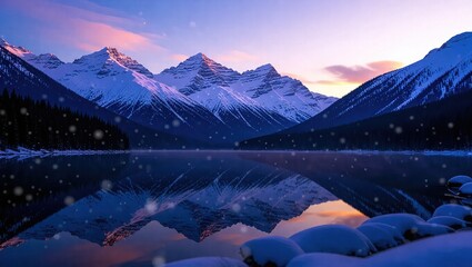 Snowy Mountain Range Reflected in Calm Lake at Sunset.