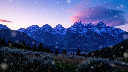 Snowy Mountains at Dusk - A Winter Wonderland Landscape.