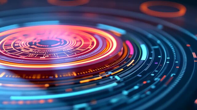 Tech Innovation: A close-up of a high-tech digital interface, a radiant display of vibrant colors and intricate circuitry. This image evokes a sense of advanced technology, digital transformation.
