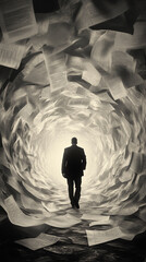 Back view of a lone figure walking through a tunnel of swirling documents, symbolizing the complex journey of financial audits, tax filing, and the stress of paperwork.