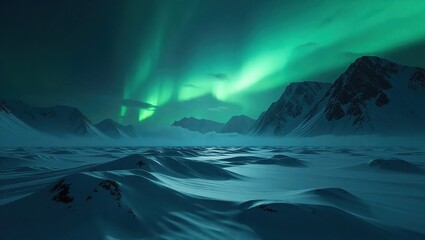 Spectacular Aurora Borealis Illuminates Snowy Mountain Landscape.