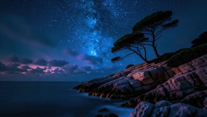 Starry Night Sky Over a Rocky Coastal Cliffside with a Lone Tree.