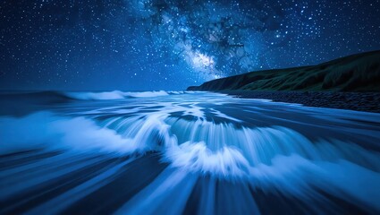 Starry Night Sky with Milky Way Over Rushing Water.
