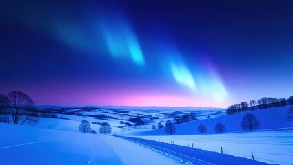 Stunning Aurora Borealis over a Serene Winter Landscape with Snow-Covered Hills and a Distant Road.