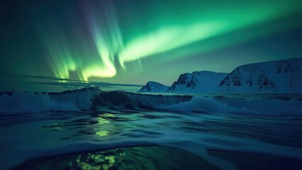 Stunning Aurora Borealis over Icy Arctic Landscape at Night.