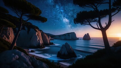 Stunning Coastal Night Sky with Milky Way Over Rugged Cliffs and Serene Ocean Waters at Sunset.