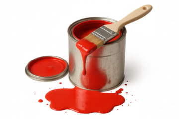 Red paint can with brush dripping liquid, creating a splash, depicting renovation and vivid color