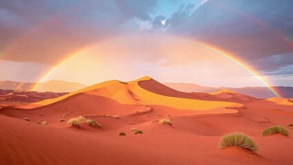 Stunning Desert Landscape with Vibrant Rainbow Arching Over Sand Dunes at Sunset.